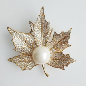 Clear CZ Maple leaf and White Pearl Brooch in Gold Plating