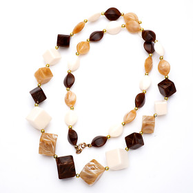 Cube Wine Cream Rock Sugar Mix Long Necklace with Gold Accent