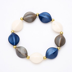 Navy Blue Hematite and Cream Mix Stretchable Bracelet with Gold Accent