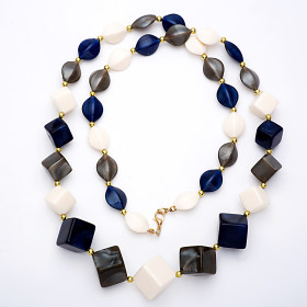 Cube Navy Blue Hematite  Cream Mix Long Necklace with Gold Accent