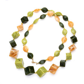 Cube Moss Green Peridot and Rock Sugar Mix Long Necklace with Gold Accent