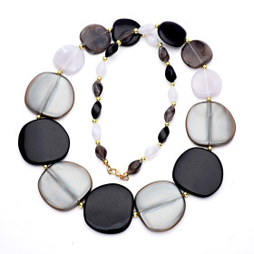 Pebble Black Gray and Moon Light Mix Long Necklace with Gold Accent