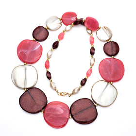 Pebble Burgundy Gold Rose and Silver Gold Mix Long Necklace with Gold Accent