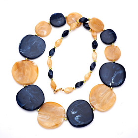 Pebble Navy Blue and Rock Sugar Long Necklace with Gold Accent