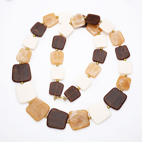 Square Slate Cream Brown Rock Sugar Long Necklace with Gold Accent