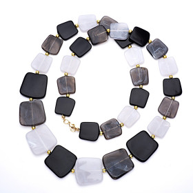 Sqaure Slate Black Gray and Moon Light Mix Long Necklace with Gold Accent
