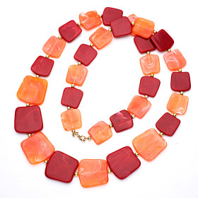 Square Slate Cranberry and Rose Long Necklace with Gold Accent