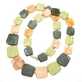 Square Slate Moss Green Peridot and Rock Sugar Long Necklace with Gold Accent