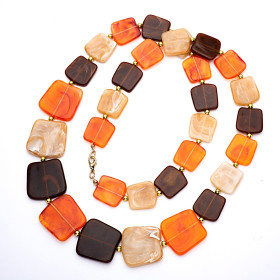 Square Slate Coffee Honey and Rock Sugar Long Necklace with Gold Accent
