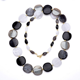 Pebble Black and Moon Light Long Necklace with Gold Accent