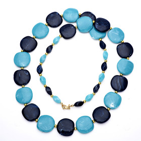Pebble Navy Blue and Aquamarine Long Necklace with Gold Accent