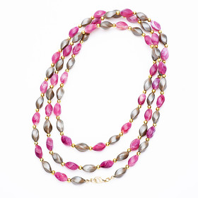 Barrel Cranberry and Taupe Long Necklace with Gold Accent