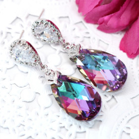 Clear CZ with Multi Color Teardrop Earring on Rhodium