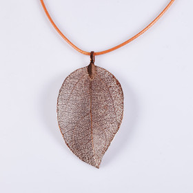 Coffee Natural Leaf Short Necklace with Orange Cord