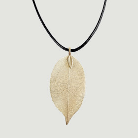 Natural Leaf Short Necklace with Black Cord in Gold Plating