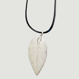 Natural Leaf Short Necklace with Black Cord in Silver Plating
