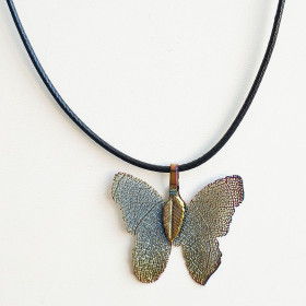 Natural Leaf Butterfly Necklace with Black Cord in Rainbow