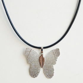 Natural Leaf Butterfly Necklace with Black Cord in Rhodium
