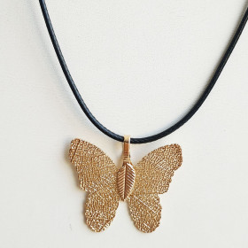 Natural Leaf Butterfly Necklace with Black Cord in Gold