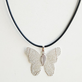 Natural Leaf Butterfly Necklace with Black Cord in Silver