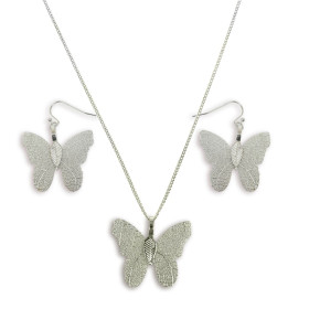 Natural Leaf Butterfly Necklace and Earring Set in Rhodium