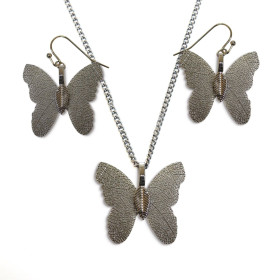 Natural Leaf Butterfly Necklace and Earring Set in Gunmetal