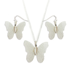 Natural Leaf Butterfly Necklace and Earring Set in Silver
