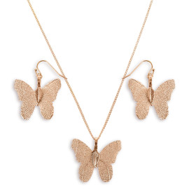 Natural Leaf Butterfly Necklace and Earring Set in Rose Gold