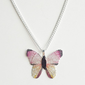 Multi Rose Butterfly Necklace with Chain in Silver Tone