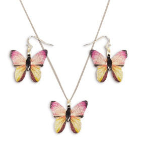 Natural Leaf Multi Pink Butterfly Necklace and Earring Set in Silver