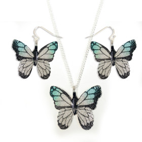Natural Leaf Multi Black  Butterfly Necklace and Earring Set in Silver