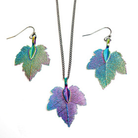 Natural Leaf Rainbow Necklace and Earrings Set in Cardboard Gift Box
