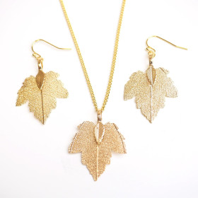Natural Leaf Gold Necklace and Earring Set in Cardboard Gift Box