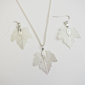 Natural Leaf Silver Necklace and Earring Set in Cardboard Gift Box