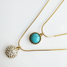 Two-Layers Crystal&Semi-precious Round Stone Necklace