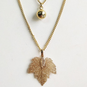 Natural Leaf & Ball Two-layers Necklace in Gold
