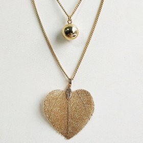 Natural Heart Leaf & Ball Two-layers Necklace in Gold