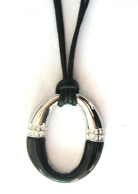 Black Crystal Oval Necklace with Black Cord