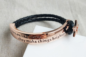 Engraved Bangle with Black Cord on Rose Gold: Sisters are like stars, they make 