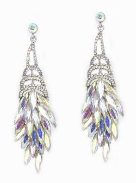 Peacock Feather Long AB Crystal Earrings